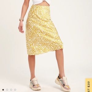Yellow Leopard Print Satin Skirt - Size M with elastic waistband